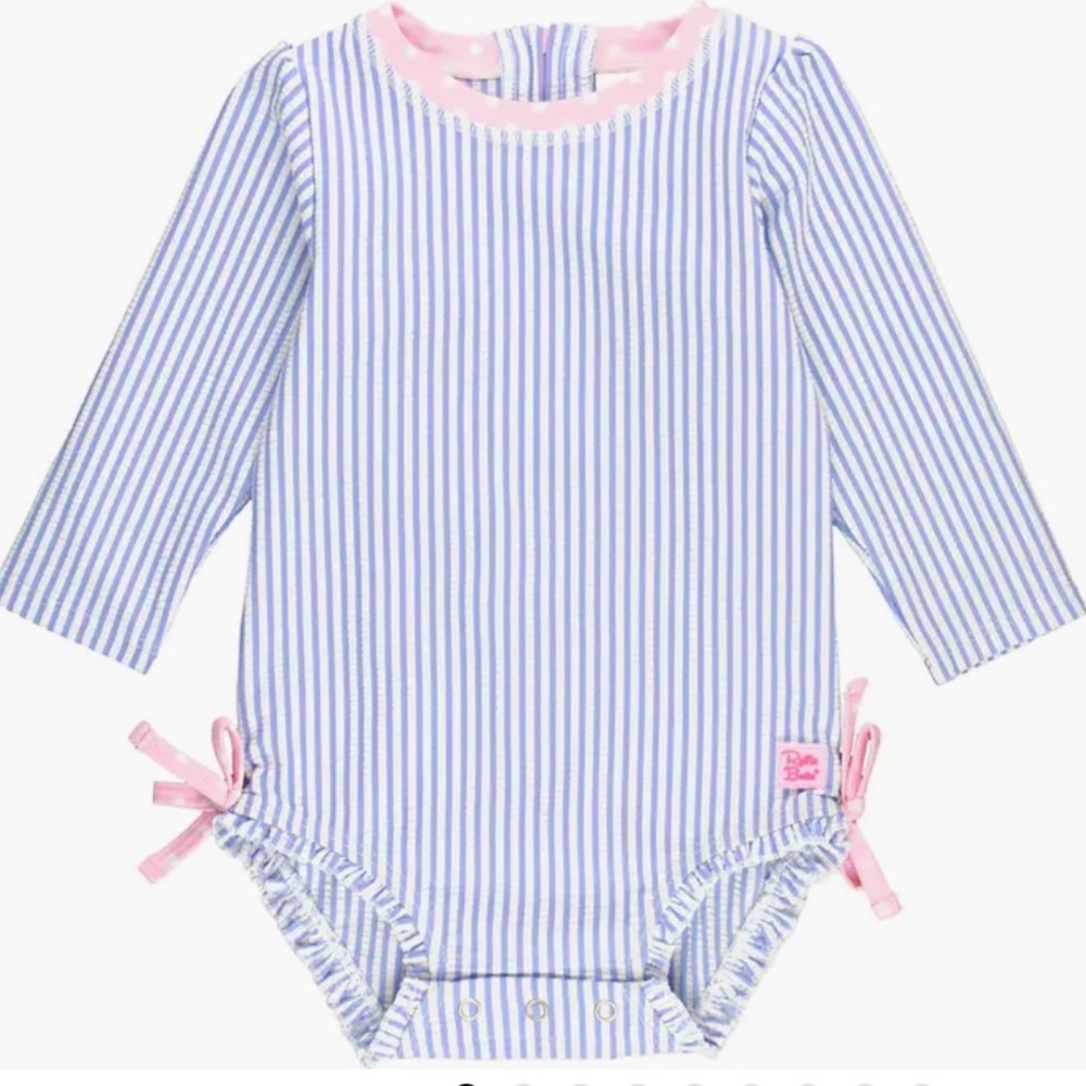 Ruffle Butts Long Sleeve Seersucker Baby Girl Swim Swimsuit Blue Rashguard 18-24